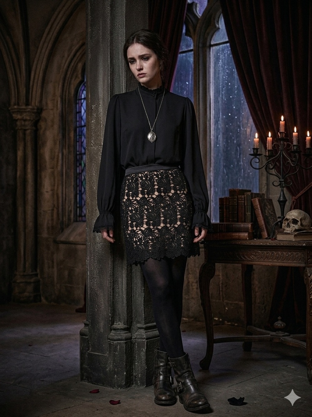 Willi Smith Black Lace Mini Skirt with Scalloped Hem